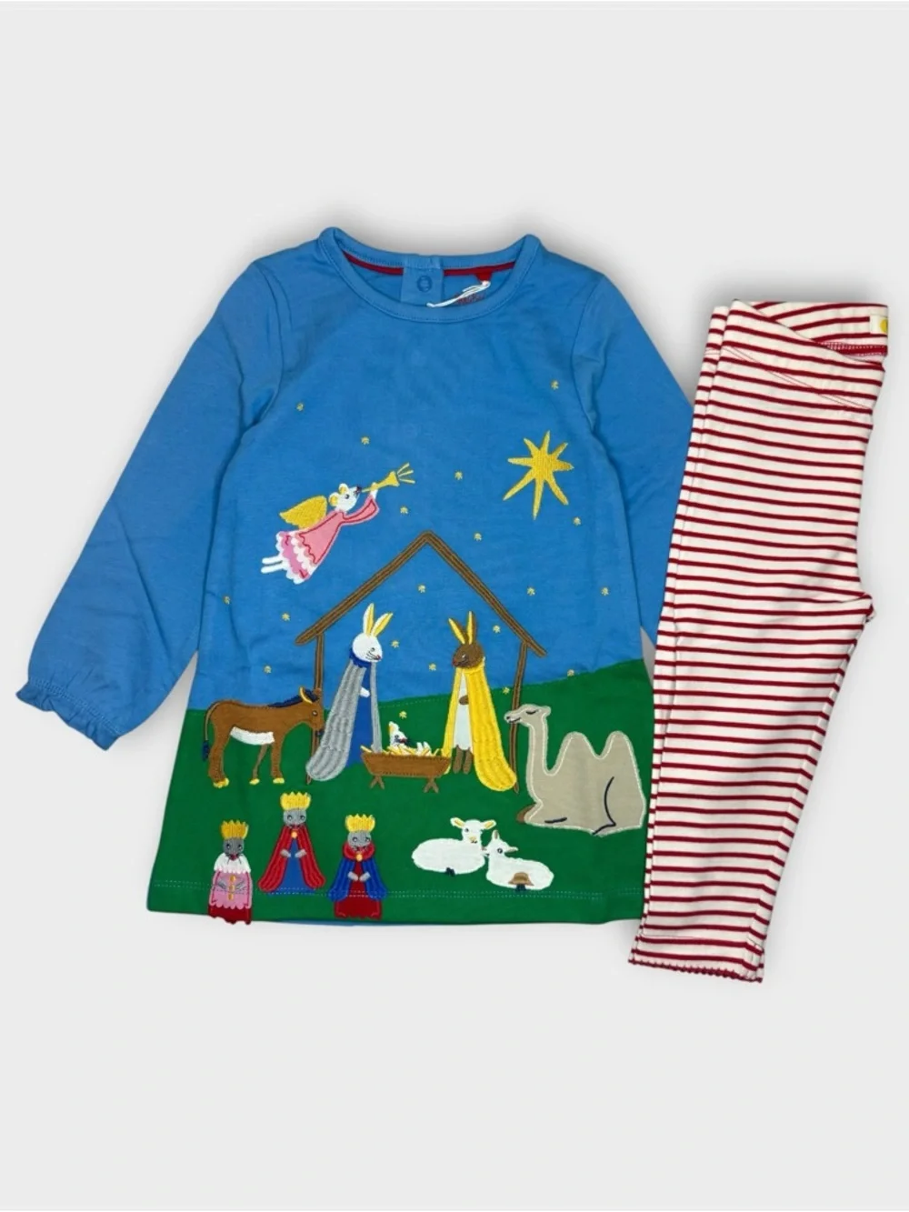 Mini Boden Holiday Nativity Scene Applique Dress & Stripe Leggings Matching Set